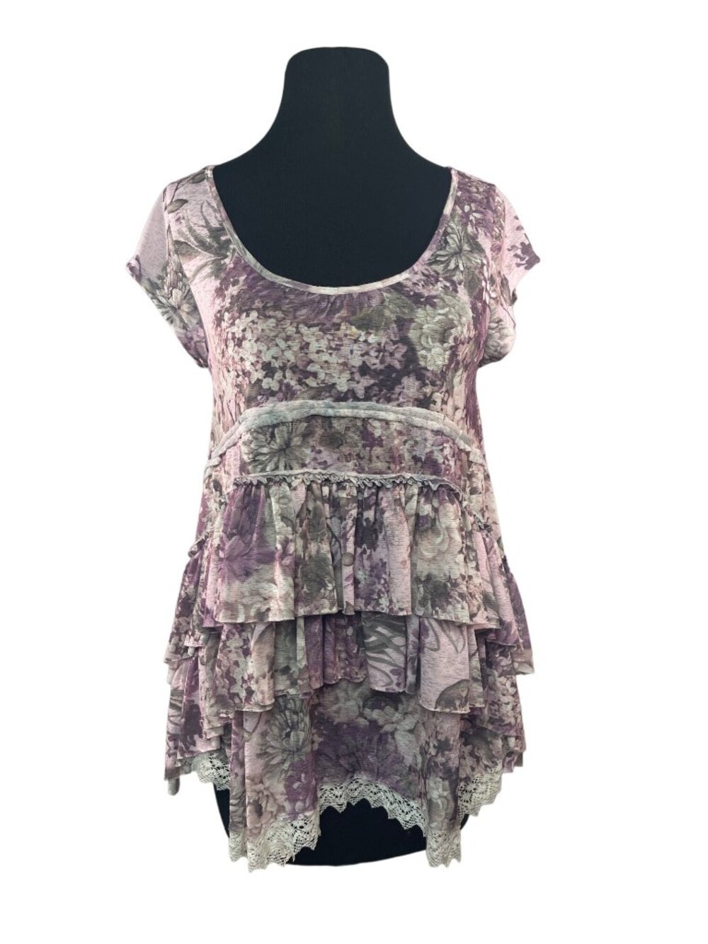 Tatienne Size Medium Floral Ruffle Cap Sleeve Layered Top Burgundy Gray Layers